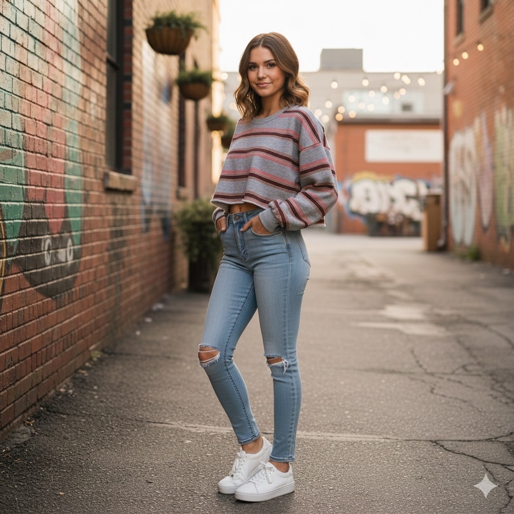 Wild Fable Striped Cropped Sweatshirt in Red and Gray - Picture 2 of 10